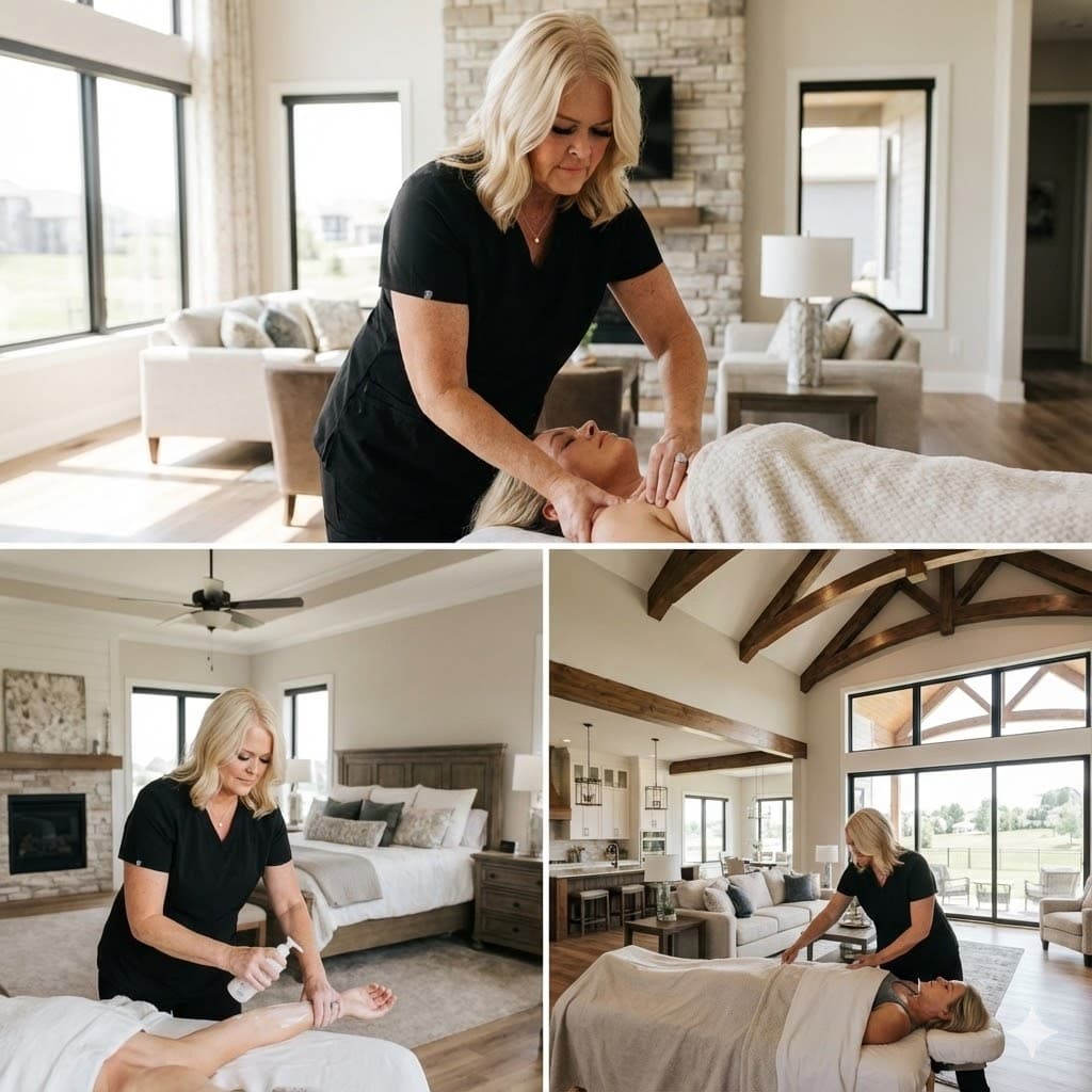 Kimmi Kraus providing professional mobile massage therapy in a client's home in Cedar Rapids